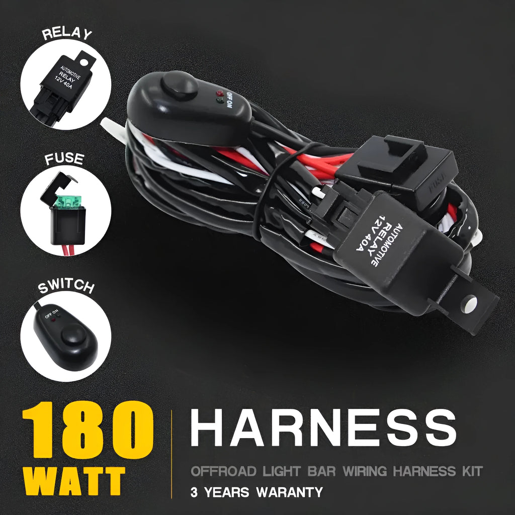 LED work light wiring harness with 2 metre silicone cable and one-to-two connection for automotive roof spotlights