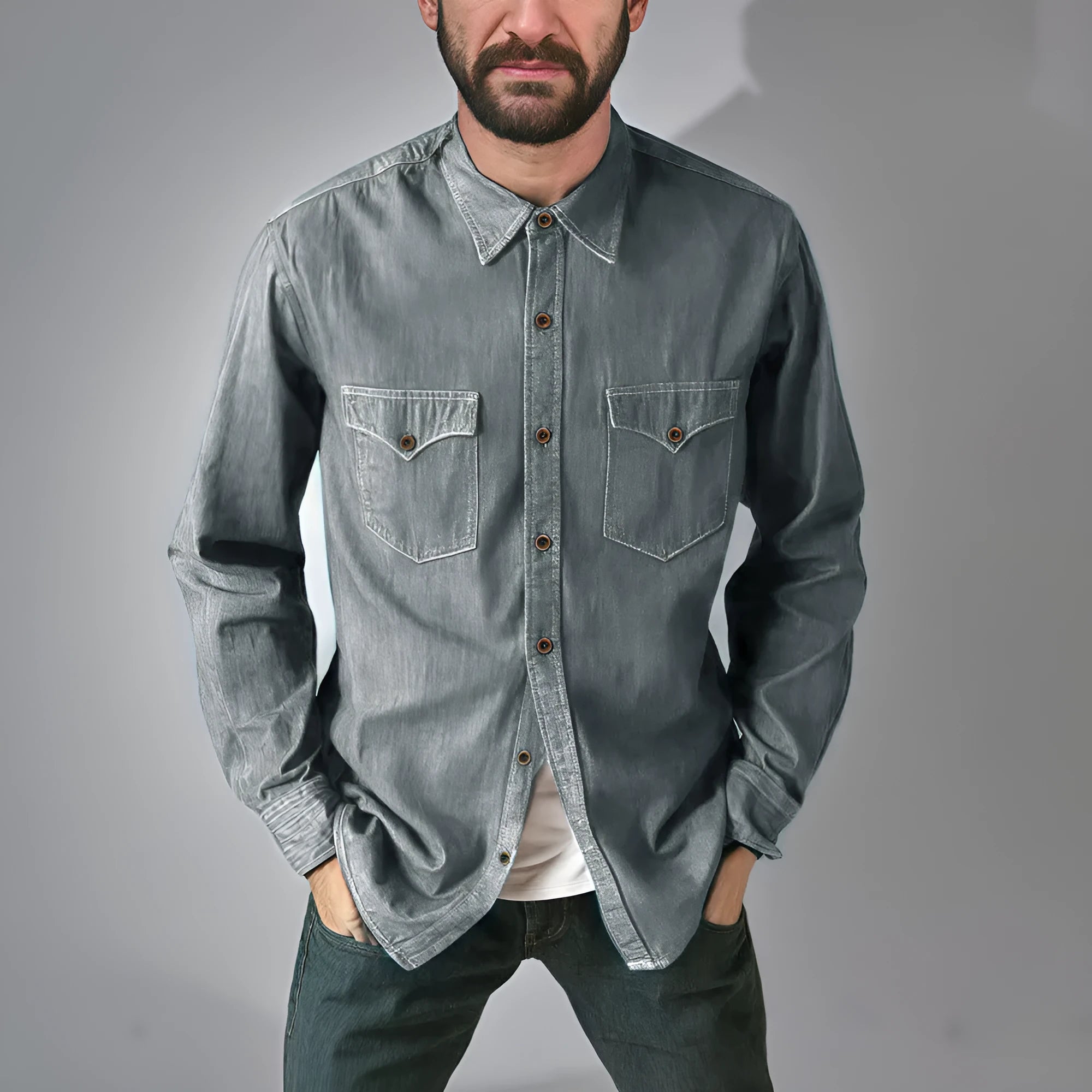 A regular-fit denim cardigan coat shown in khaki, available in sizes from Small to 3XL.
