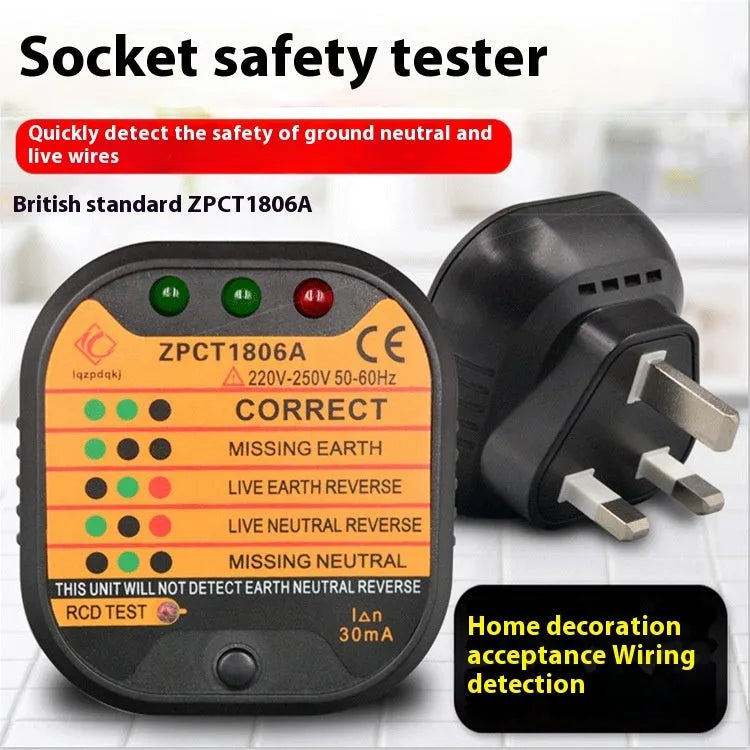 Black socket tester with LED indicators and UK EU US plug options for polarity ground line detection