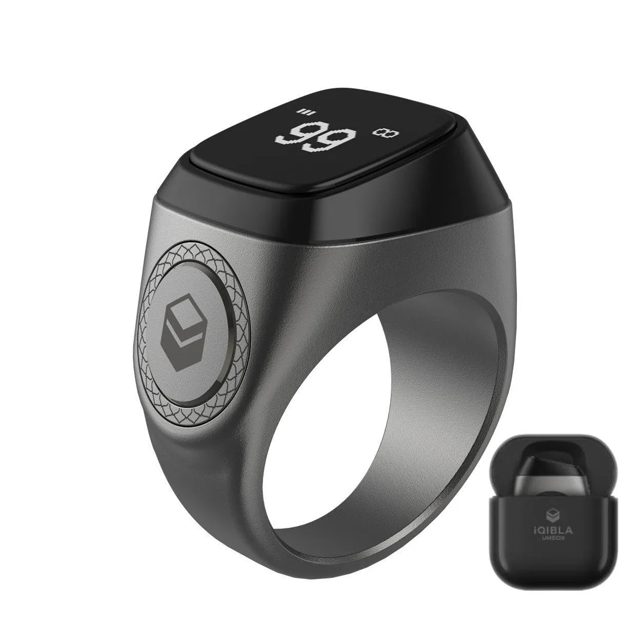 Silver smart ring with a small OLED screen displaying numbers, shown next to its charging case.