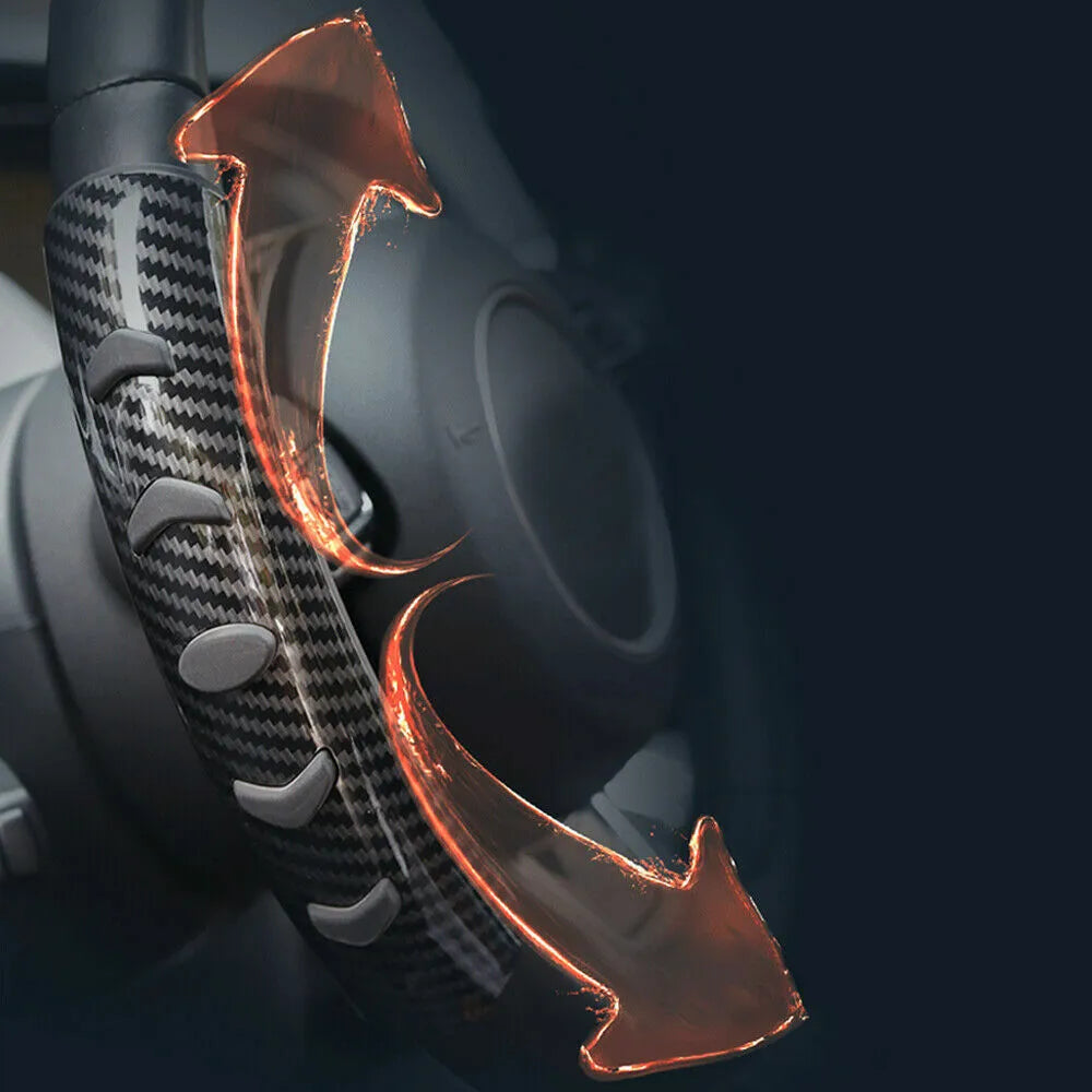 Carbon fibre black steering wheel anti-skid sleeve showing textured fibre surface and 38cm diameter measurement