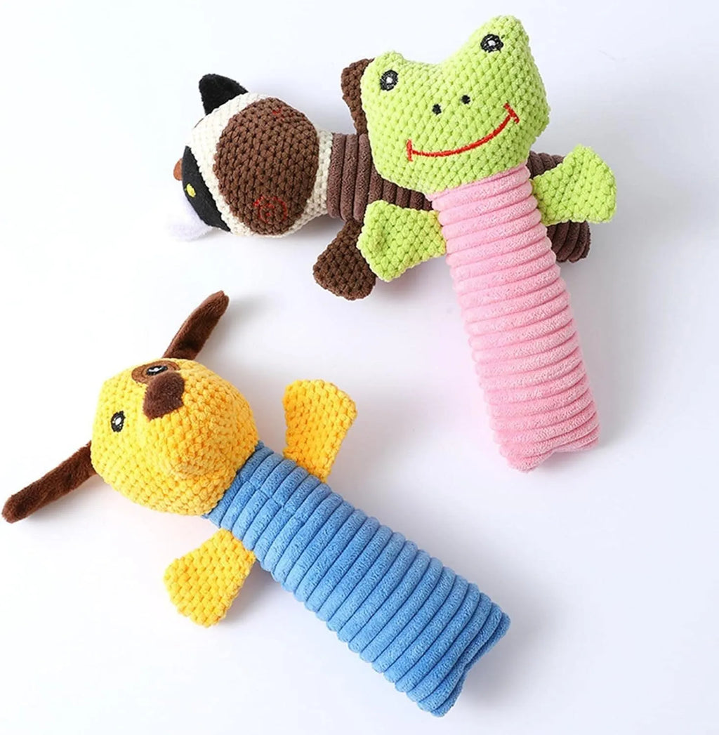 Soft plush squeaky dog chew toy in animal shape for dental care and play.