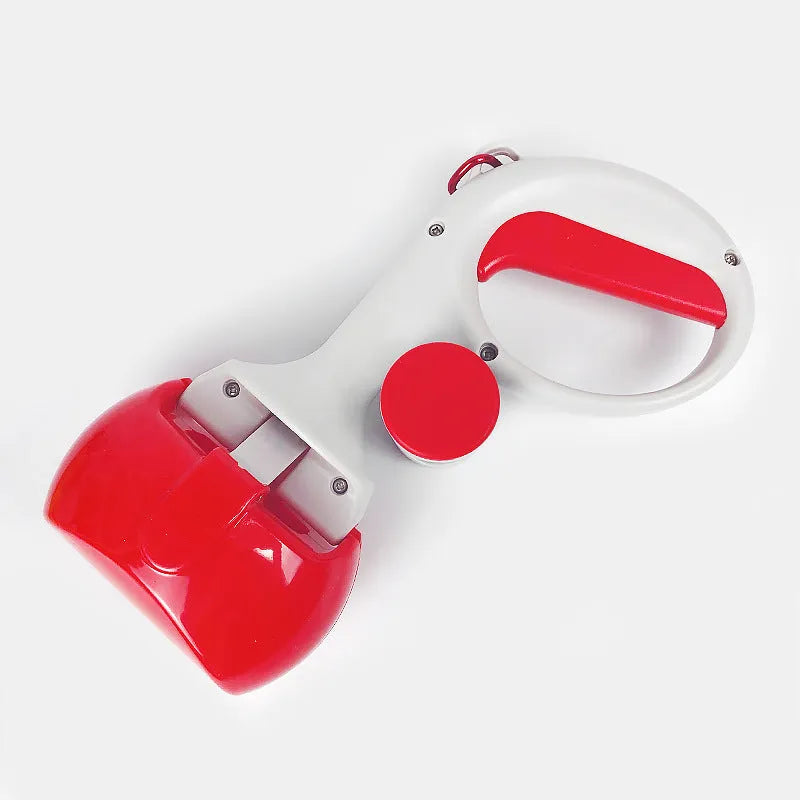 Heavy-duty ABS plastic pet pooper scooper with integrated trash bag holder in black, blue, red, or yellow.