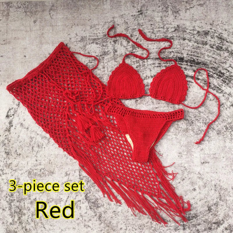 Women's 3-piece crochet bikini swimsuit set in a choice of colours on a mannequin.