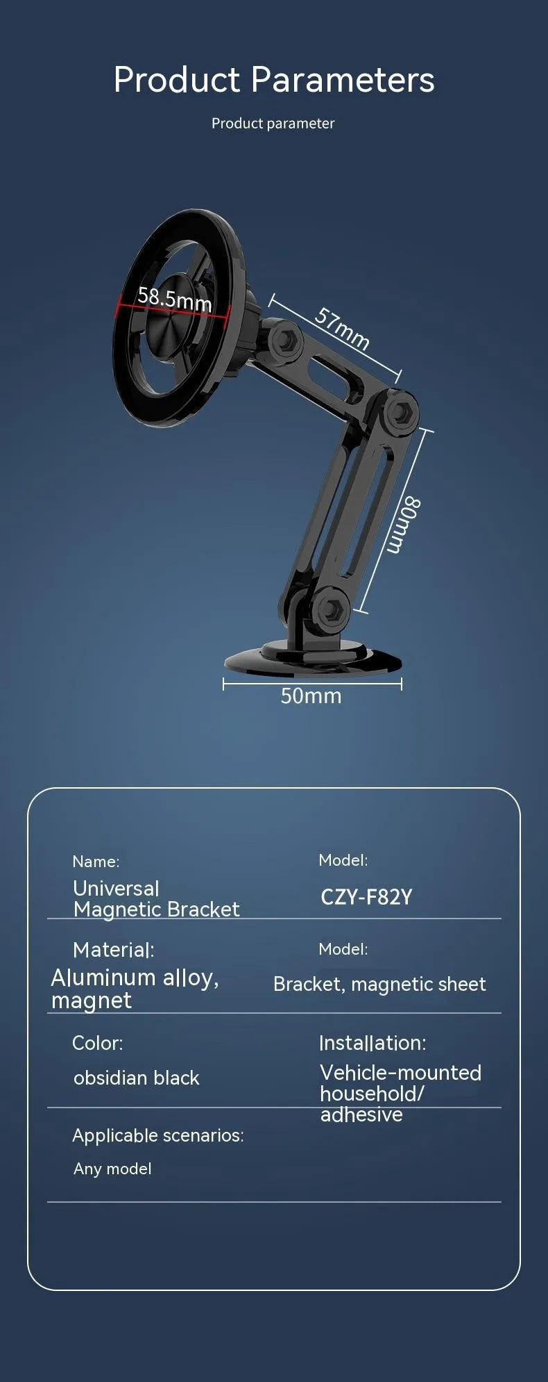 All-metal magnetic car phone holder with adjustable clip, shown in black, silver, gold, and rose gold colours.
