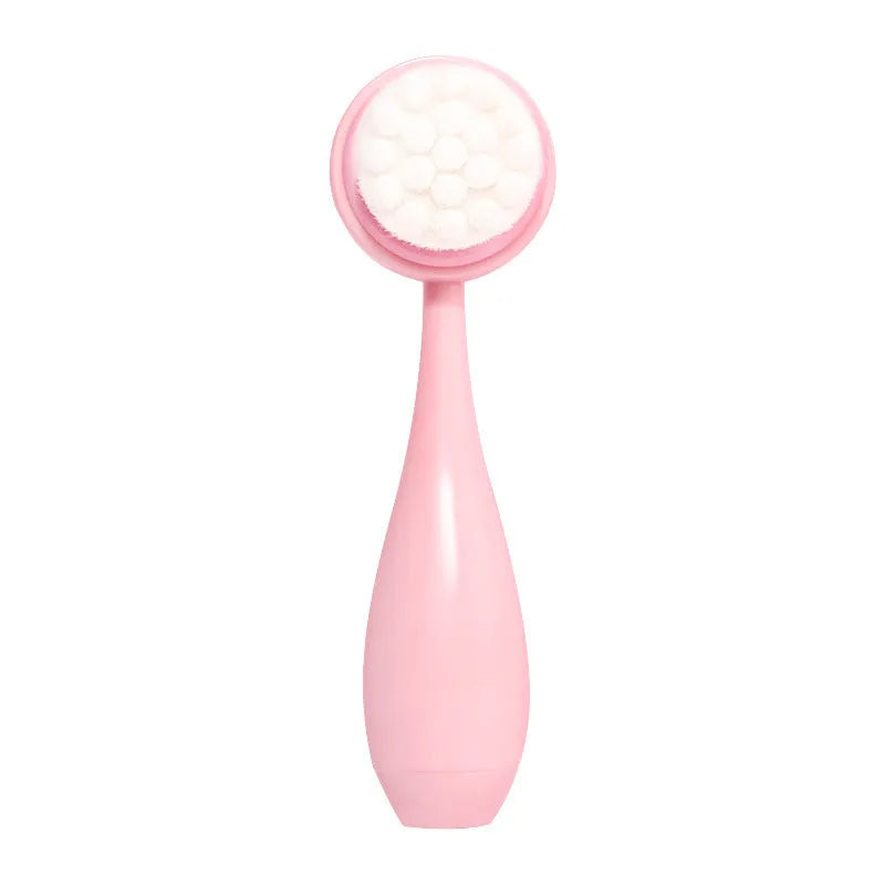 Facial brush with plastic handle and nylon bristles alongside coral fleece absorbent hair band in purple colour