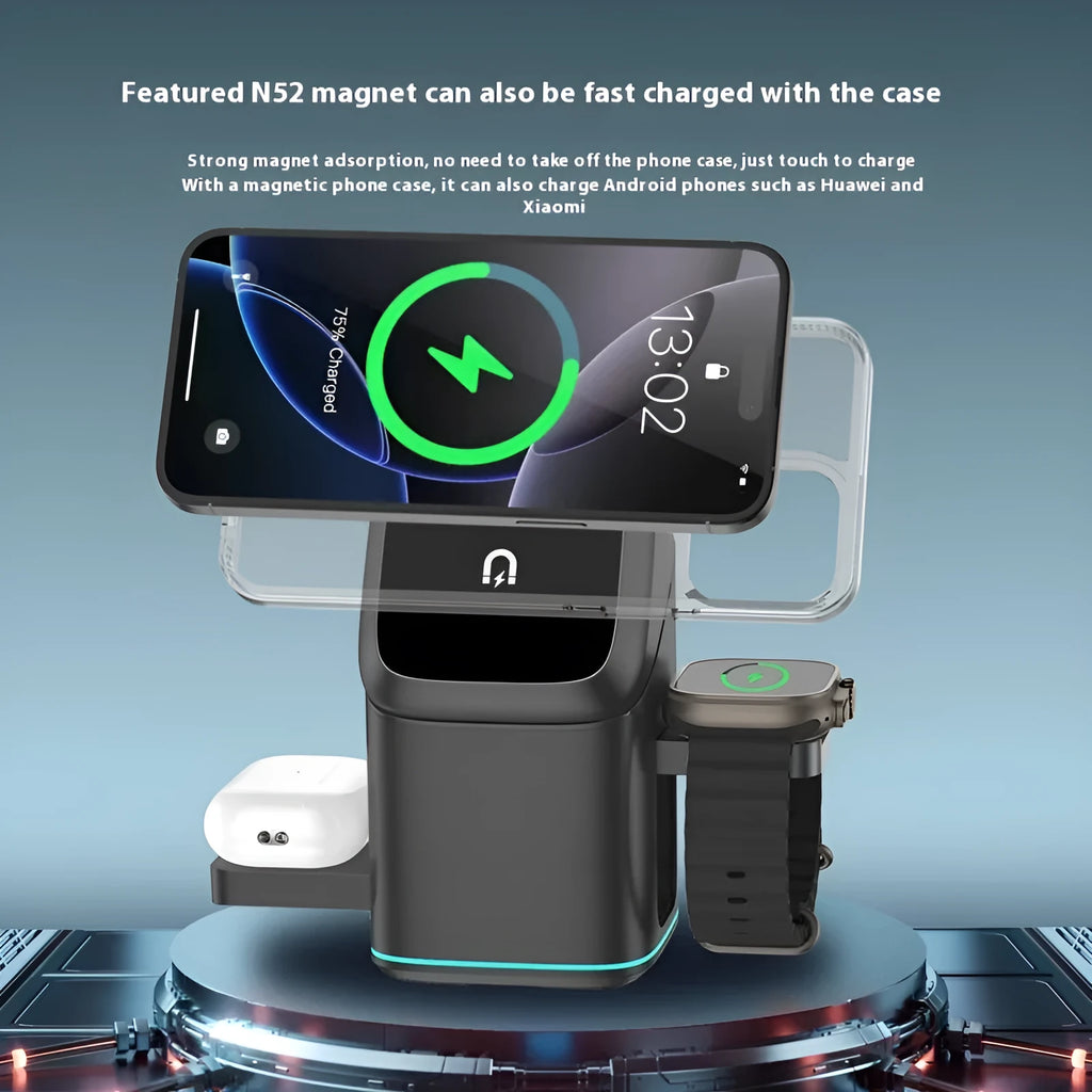 Black mobile phone magnetic wireless charging stand showing 180-degree rotation adjustment with Type-C cable