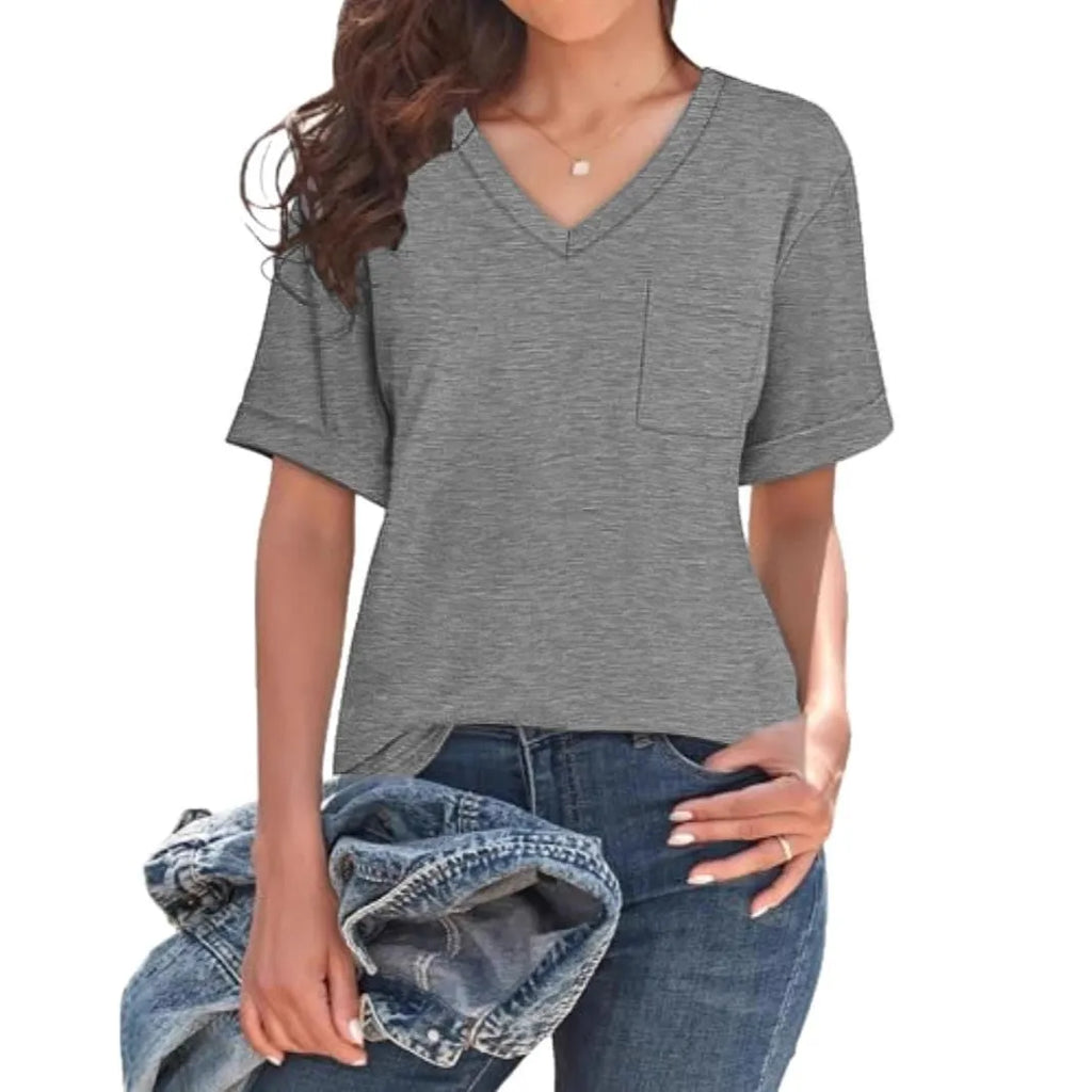 Grey loose V-neck t-shirt with chest pocket showing front view