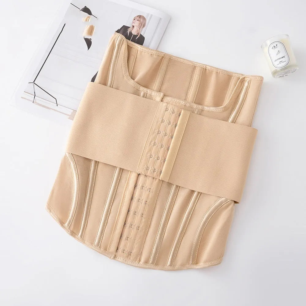Black and apricot nylon belly band waist trainer for tummy slimming and fitness in sizes XXXS to 3XL