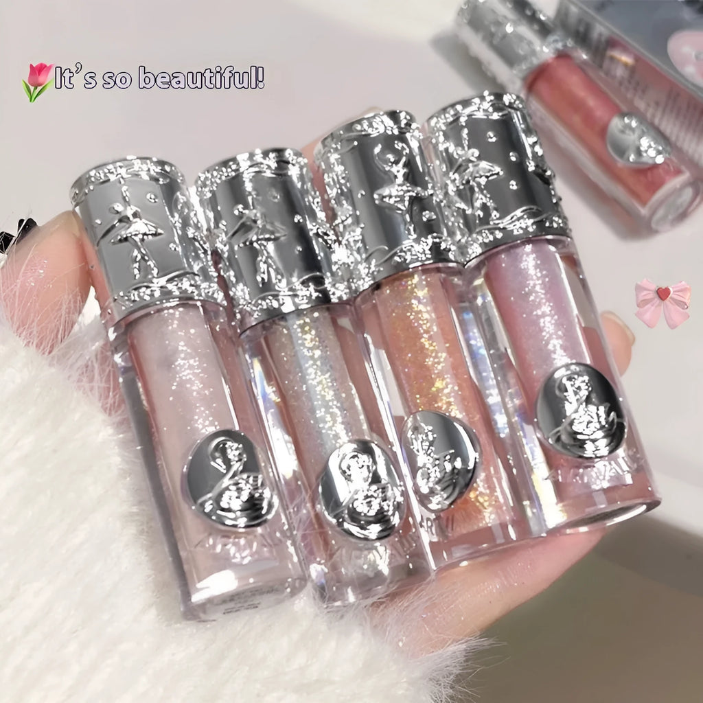 Ballet liquid eye shadow showing five colour options including pink glitter, brown shimmer, purple metallic, nude matte and silver glitter finishes