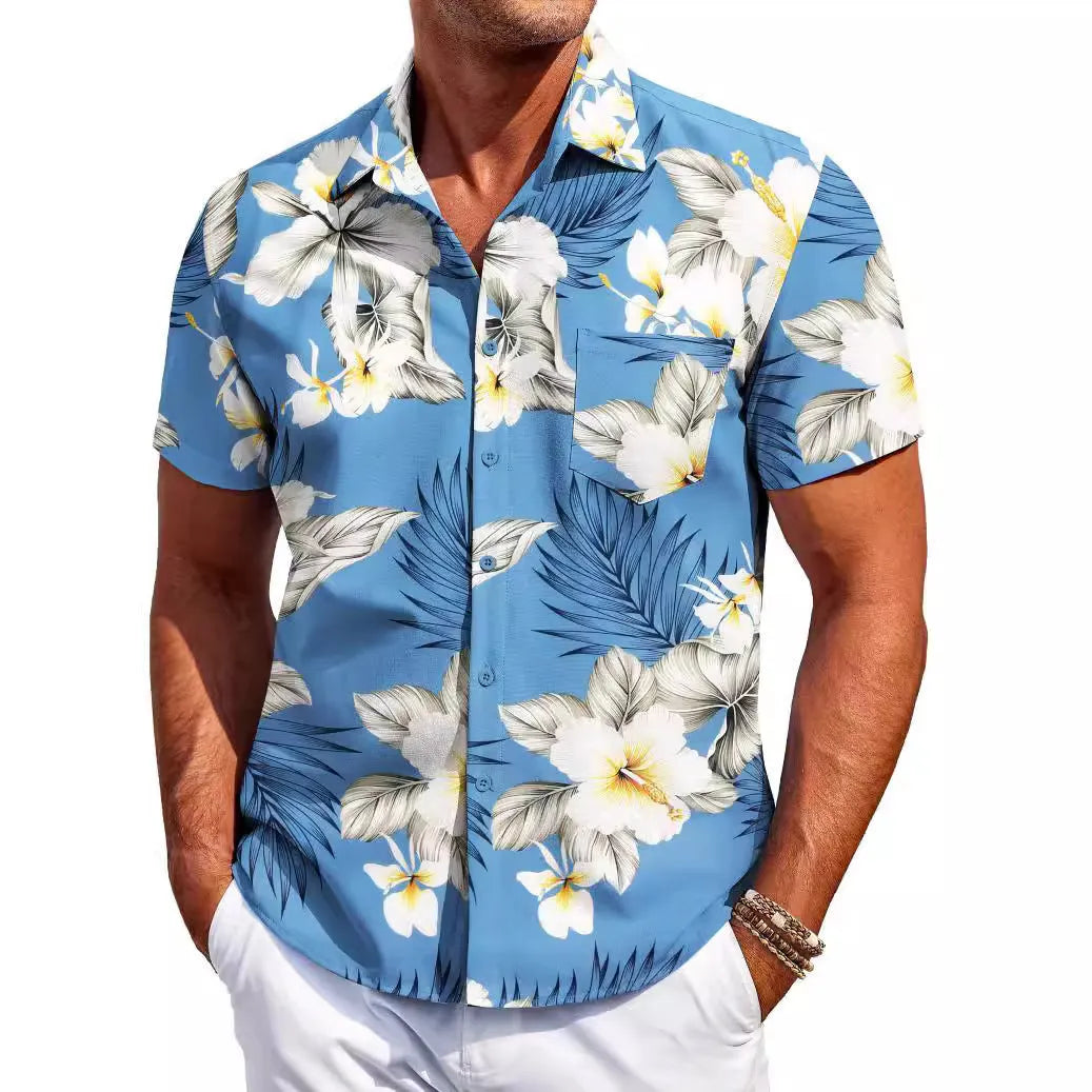 Men's slim fit Hawaiian short sleeve shirt in stretch polyester fabric showing colour options
