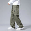 Boys' straight-leg cargo pants with large pockets and drawstring waist in army green colour