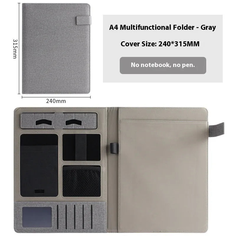Black leather A4 business folder with pen holder and notepad accessories