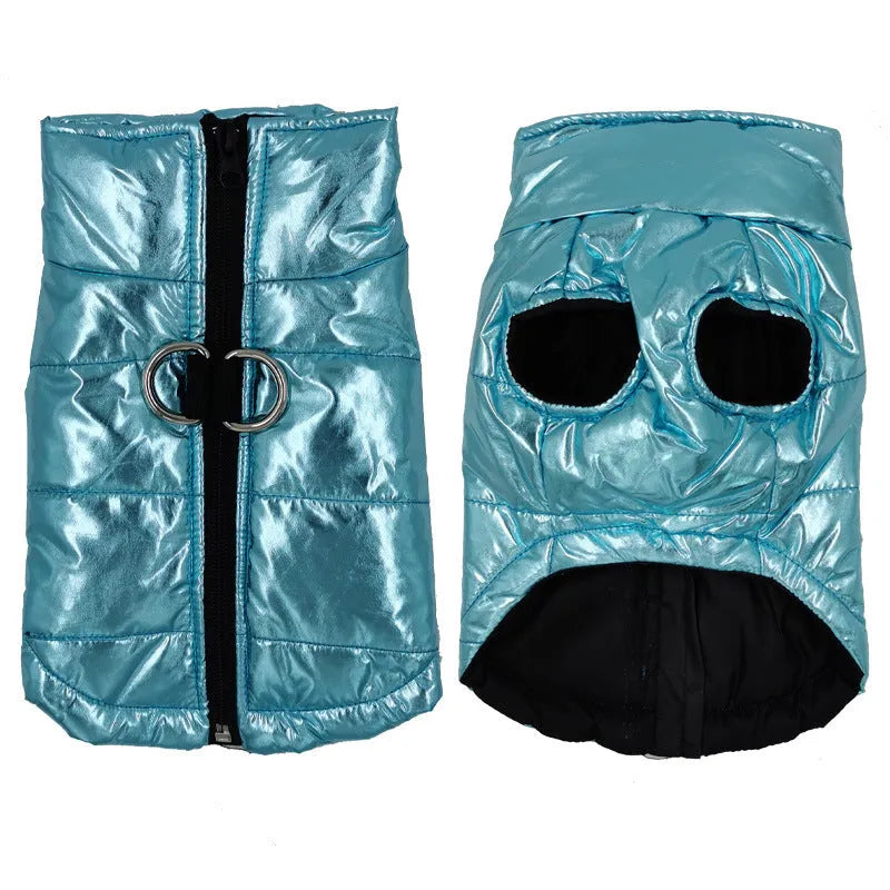 Bright blue cotton waterproof dog vest jacket on a light background, with size S to 7XL options