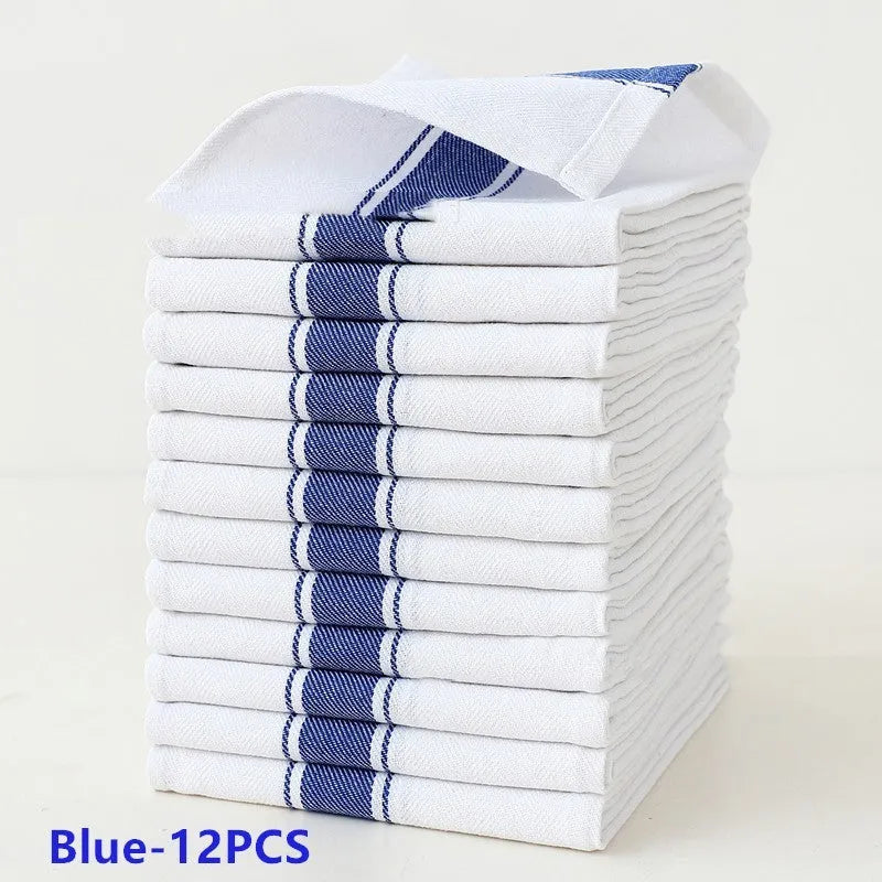Set of 12 stripe pattern dishwashing towels in polyester cotton blend measuring 48x70cm