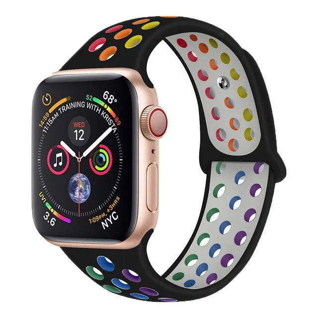 Silicone sports wristband with adjustable single buckle strap in black, rainbow or white colours