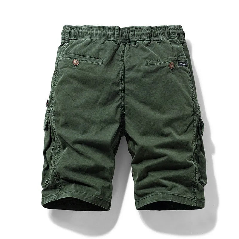 Men's cotton multi-pocket shorts in Army Green with zipper details and a Korean-style fifth-pants length.