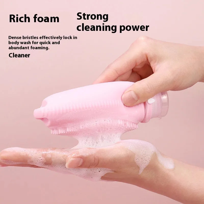 Silicone bath brush storage bottle in a selection of colours including pink, orange, and light grey.