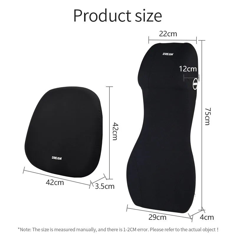 Integrated memory foam car headrest and lumbar support cushion in black, brown, red, green, blue, or grey colours