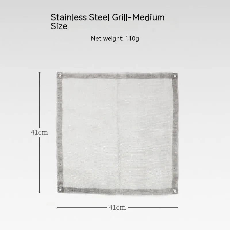 Silver stainless steel barbecue grill and net set for outdoor group cooking