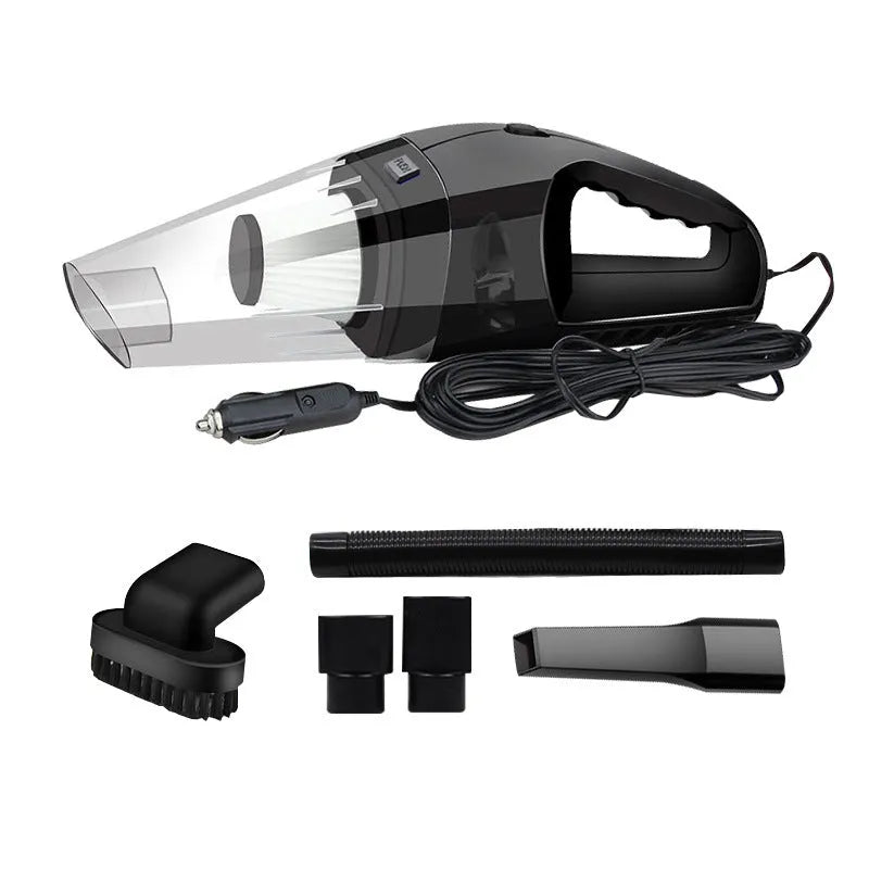 Orange, black, and blue coloured 12V handheld car vacuum cleaner with nozzle attachments on a 5m cord.