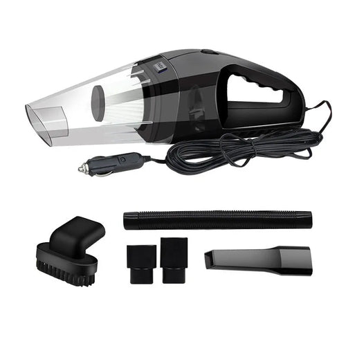 Orange, black, and blue coloured 12V handheld car vacuum cleaner with nozzle attachments on a 5m cord.