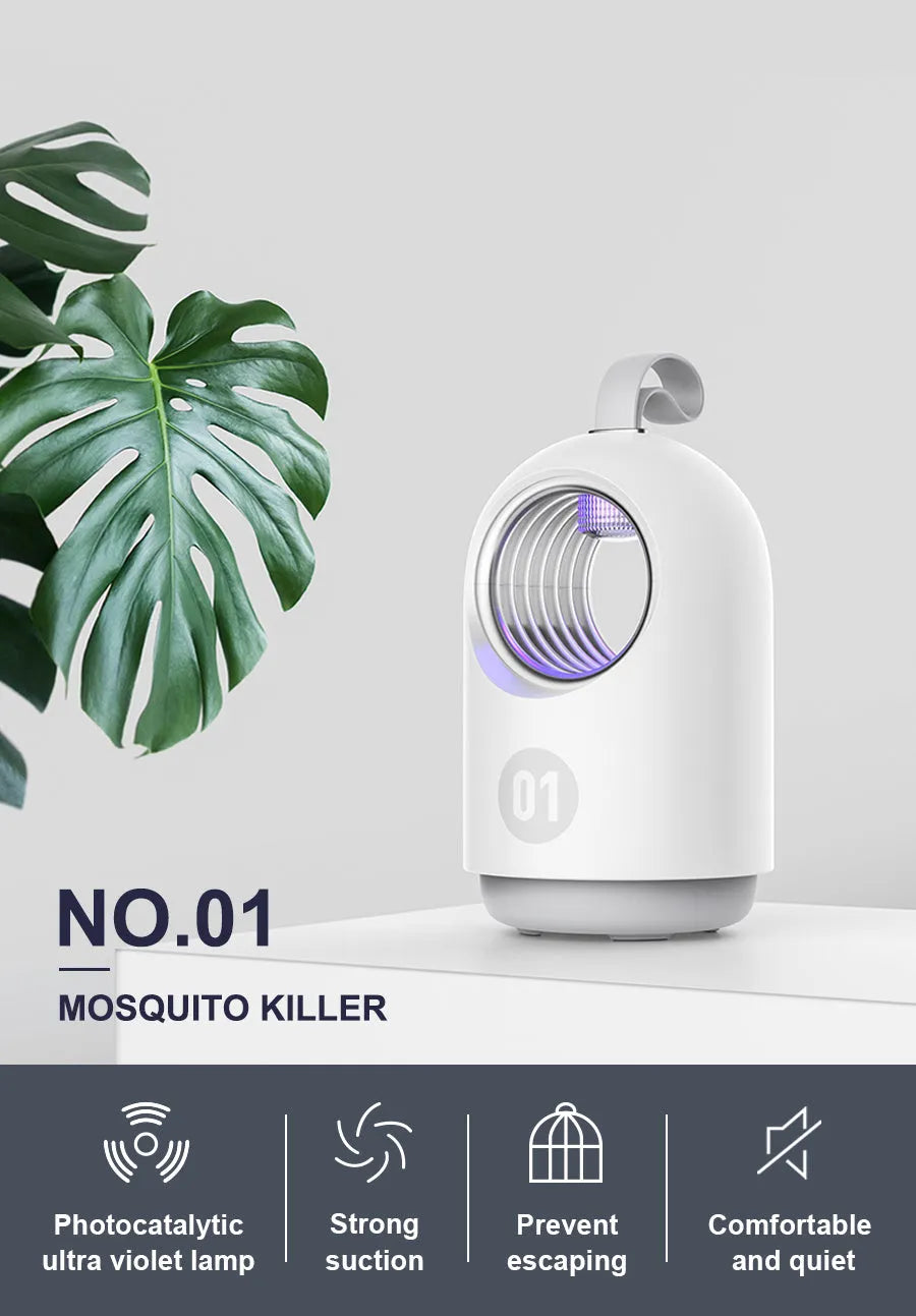 Blue and white indoor mosquito killer lamp with UV light, USB port, and silicone carry handle.