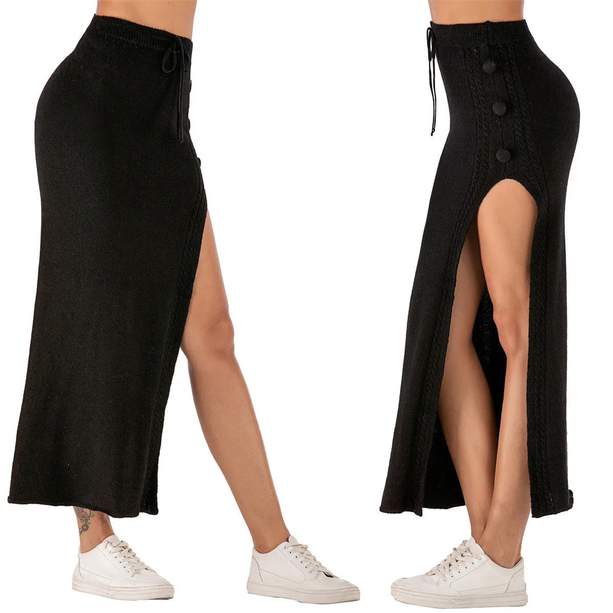 A woman wearing a slim-fitting black mid-length acrylic skirt with a side split detail.