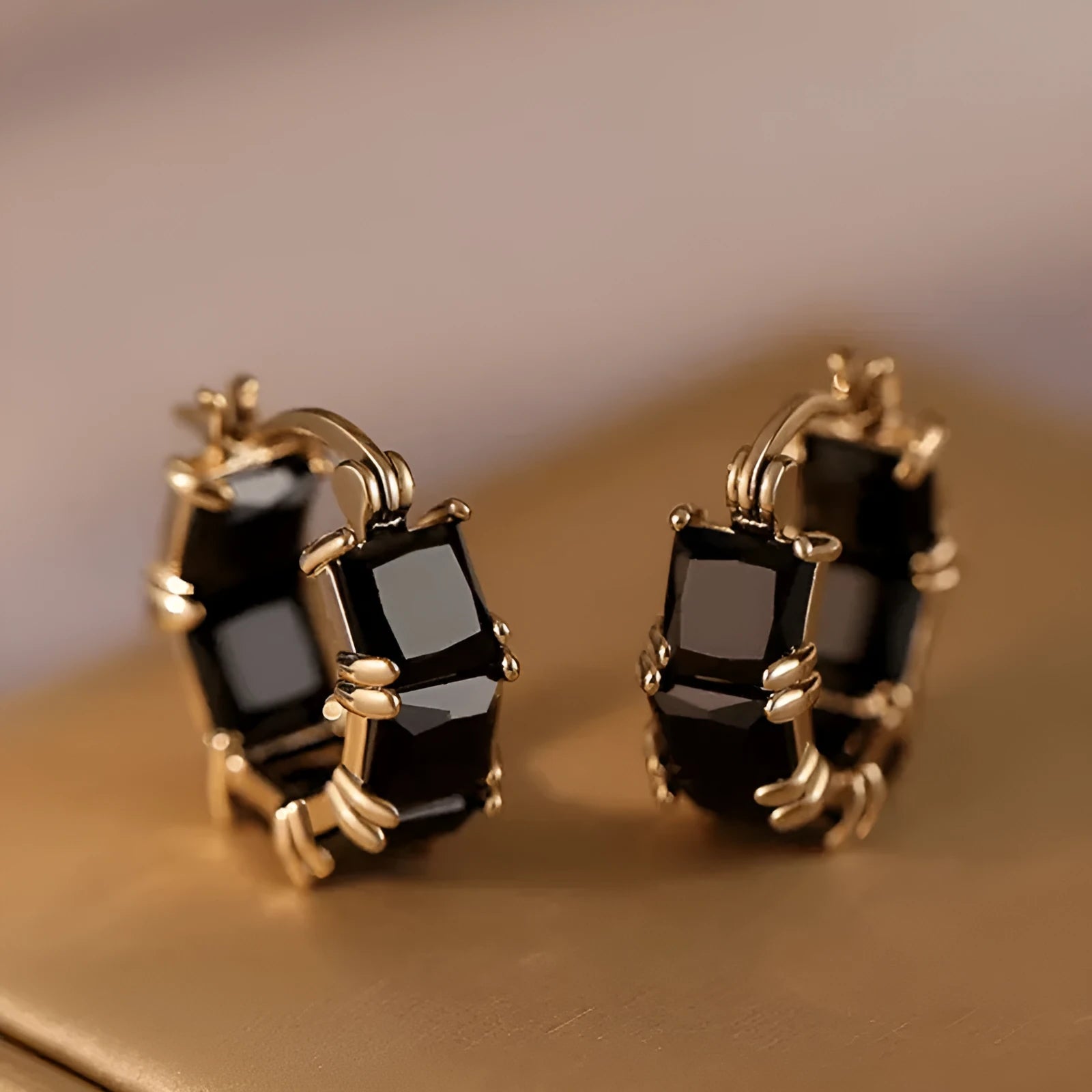 Geometric U-shaped zirconium earrings with round detailing in black, pink or white options