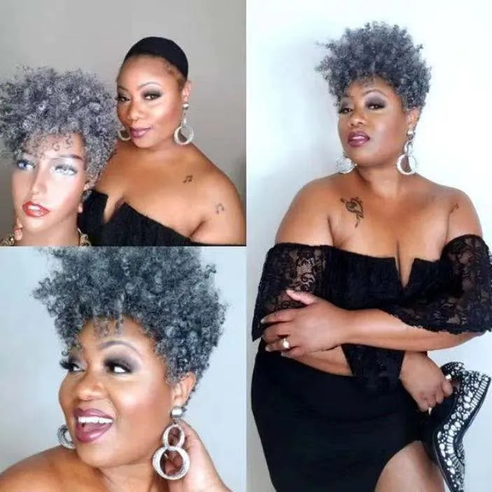 Short synthetic rolls wig in Kanekalon fibre showing exotic style design