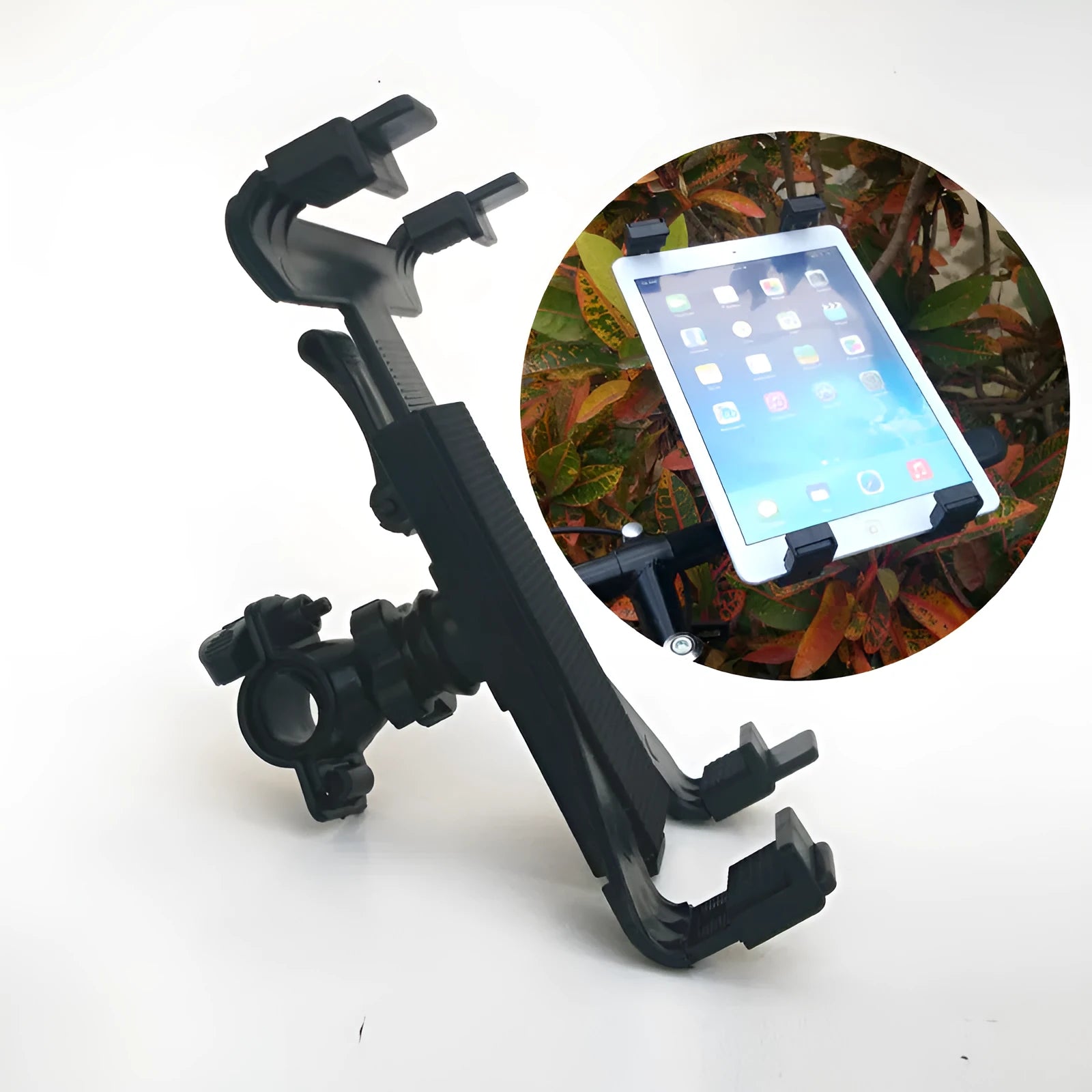 Black bicycle tablet computer stand with adjustable width and three-sided sponge protection