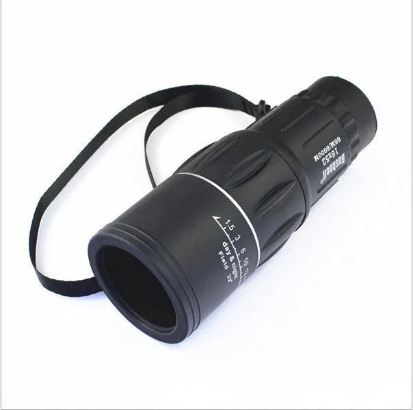 Black 16x52 monocular telescope showing eyepiece and objective lens
