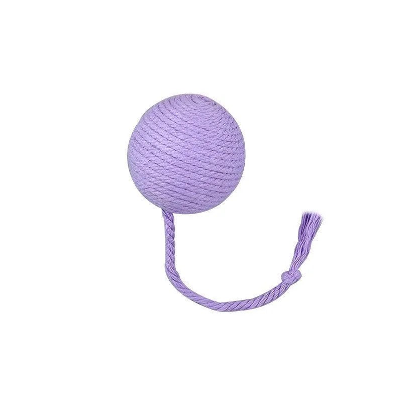 Colourful cat toy ball with rope tail and internal jingle bell in two size options