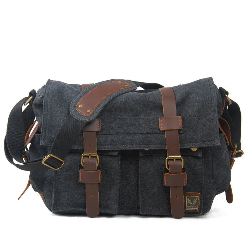 Men's army green canvas crossbody shoulder bag with a brown leather flap and single strap.