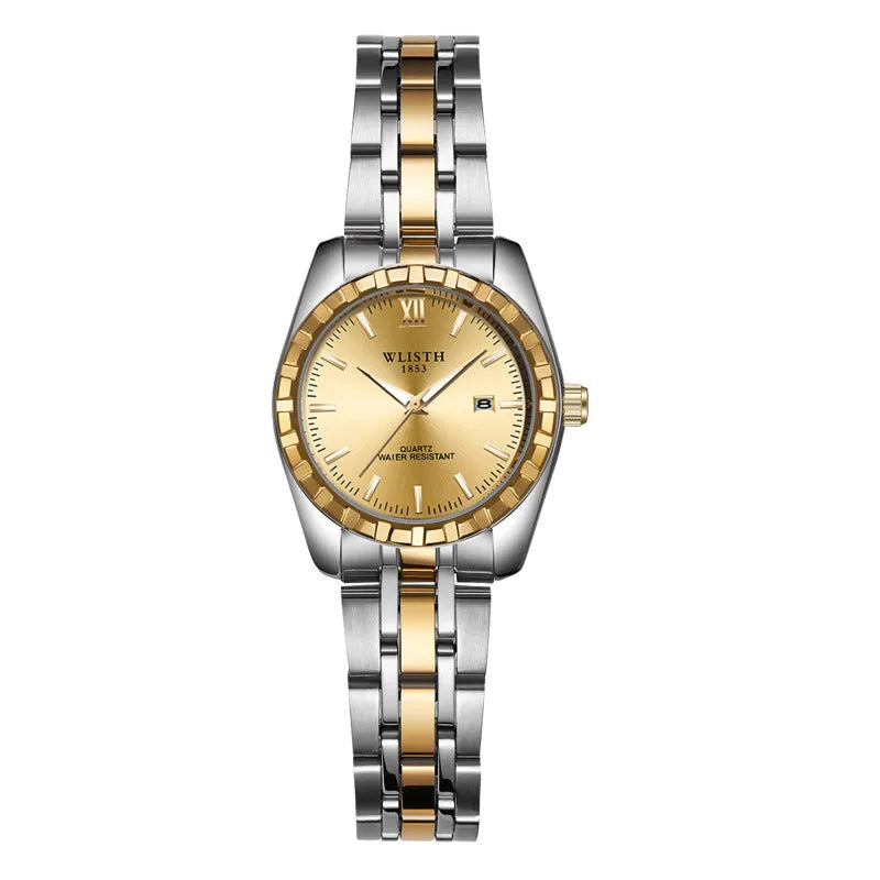Couple watch with steel band, 28mm dial, luminous hands, and date window in silver finish