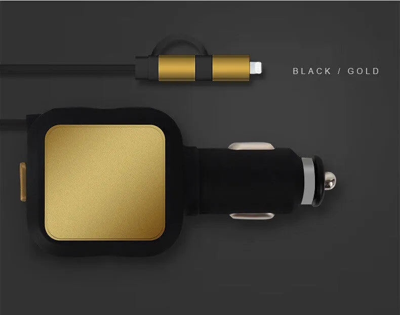 Black and gold 2-in-1 dual USB retractable car charger with two ports
