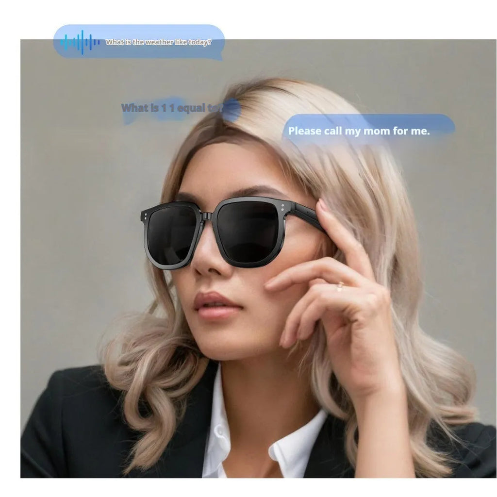 Black AI smart Bluetooth sunglasses with touch controls on the frame for audio functions.