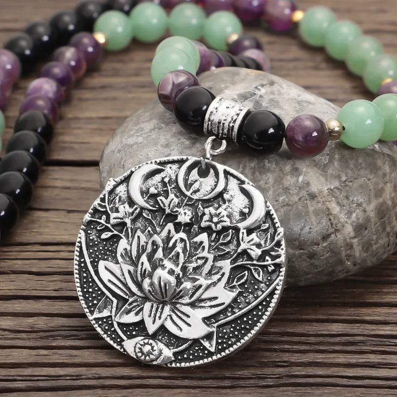 Geometric lotus pendant necklace and bracelet set with stone beads and adjustable chain