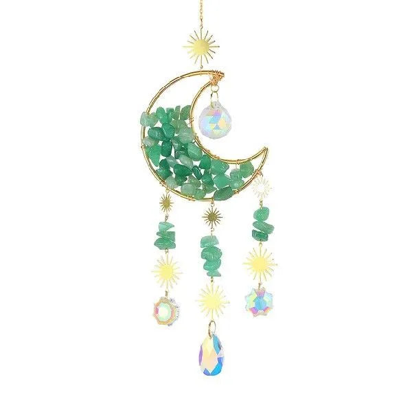 Moon-shaped K9 crystal car pendant hanging from a metal chain, available in blue, green, pink, purple, and white.