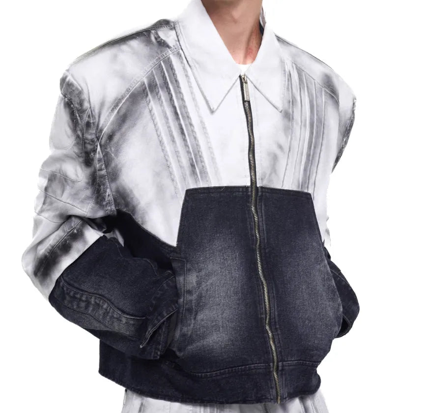 Men's short leather patchwork denim coat with hand-painted spray details, front zip, and lapel collar