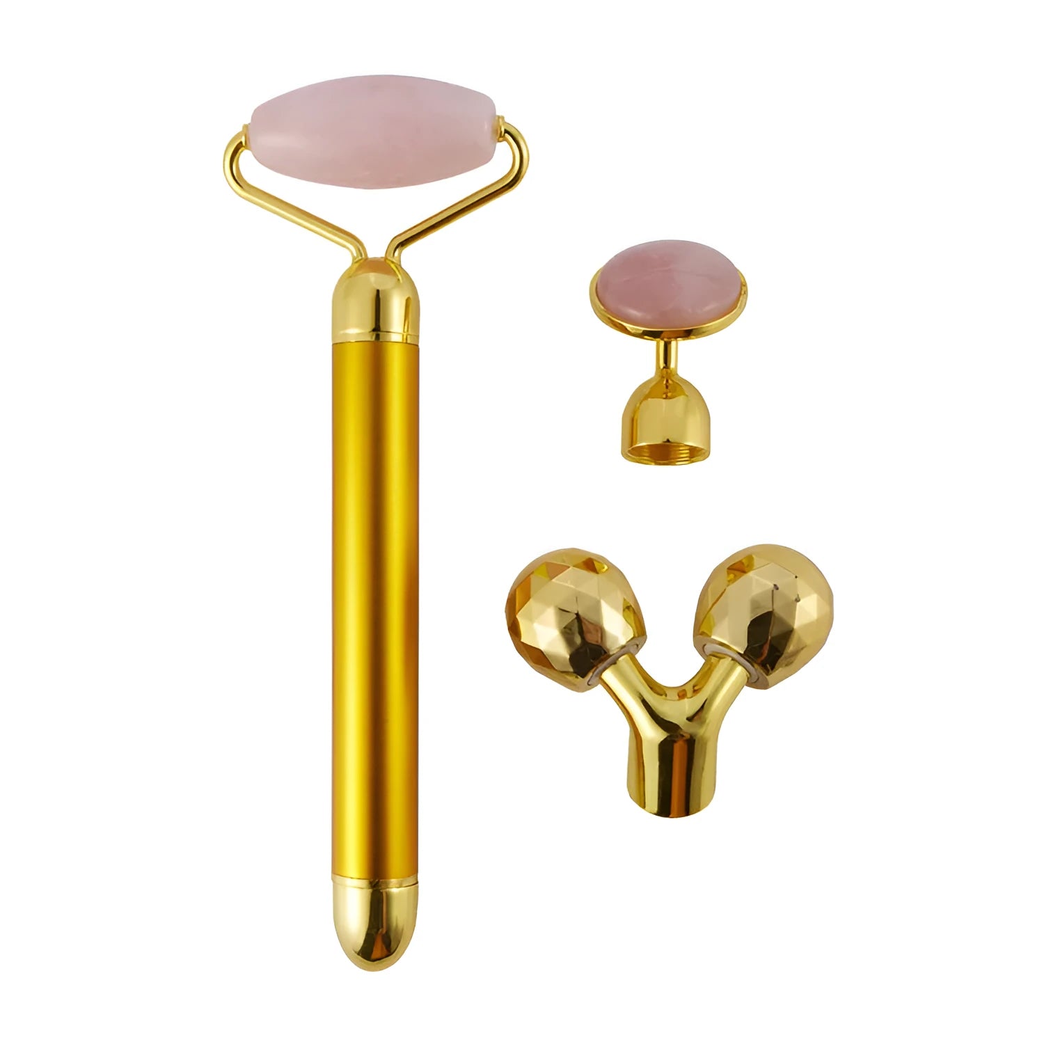 3-in-1 vibrating facial jade roller set with rose quartz heads in rose gold colour