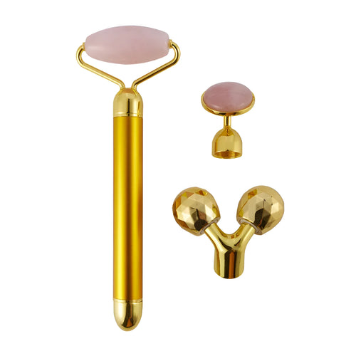 3-in-1 vibrating facial jade roller set with rose quartz heads in rose gold colour