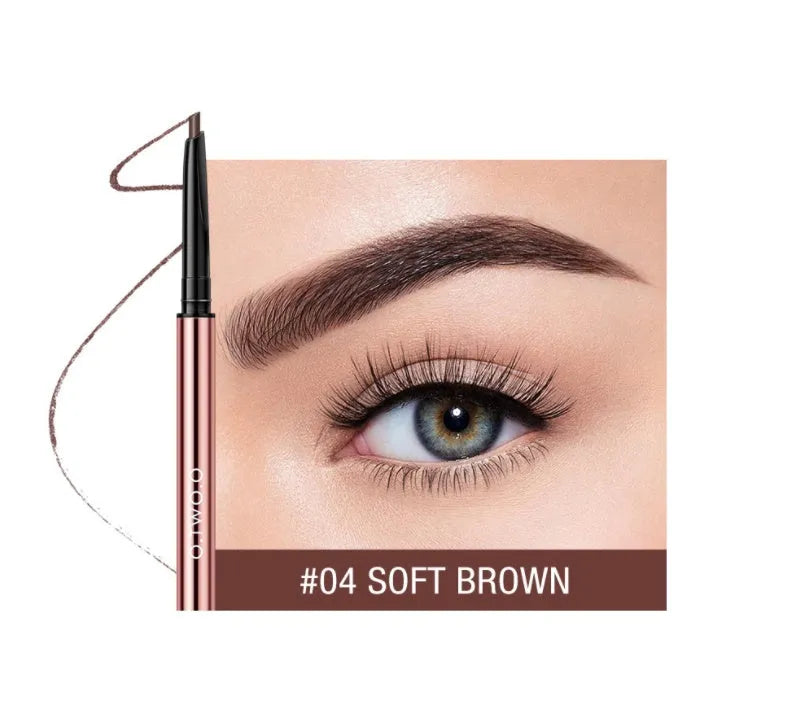 Slender eyebrow make-up pencil in a colour box, shown in six colour options including blonde and auburn.