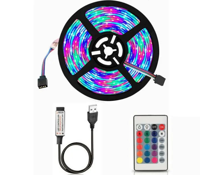 1-metre long flexible USB LED light strip showing multiple SMD5050 LEDs, with a connected 50cm USB cable.