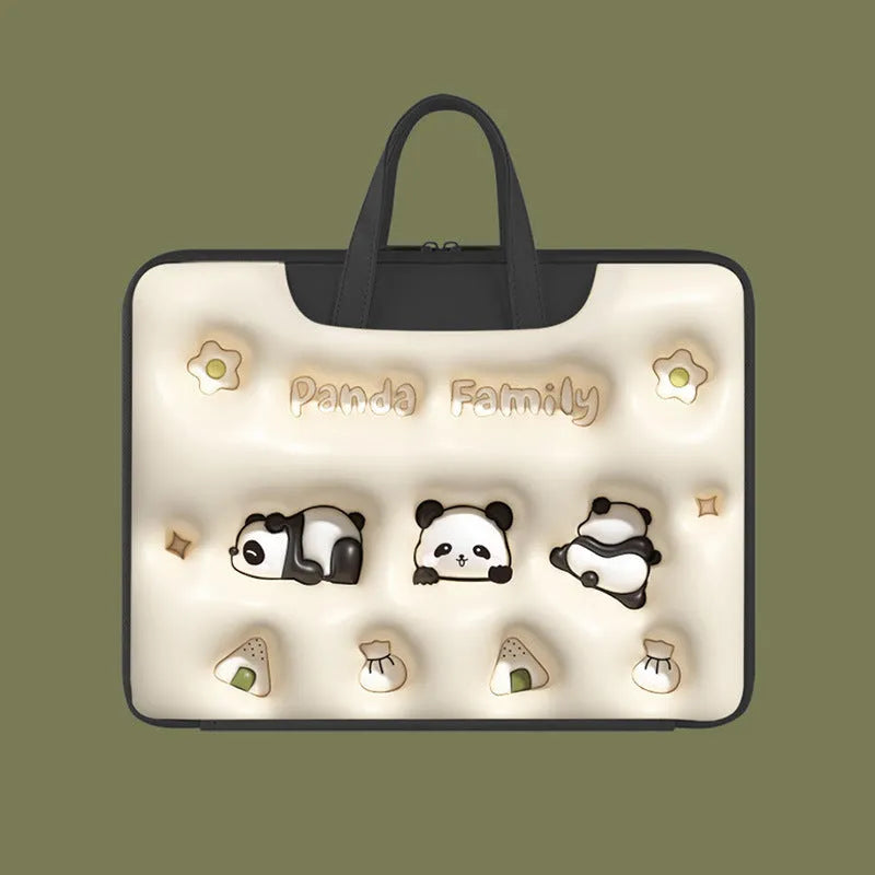 Inflatable PU leather laptop bag with hanging handle in panda pattern design for 15-inch laptops