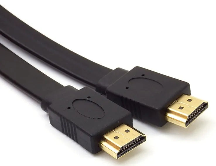 Flat black HDMI cable with male connectors showing length options from 0.3 to 10 metres.