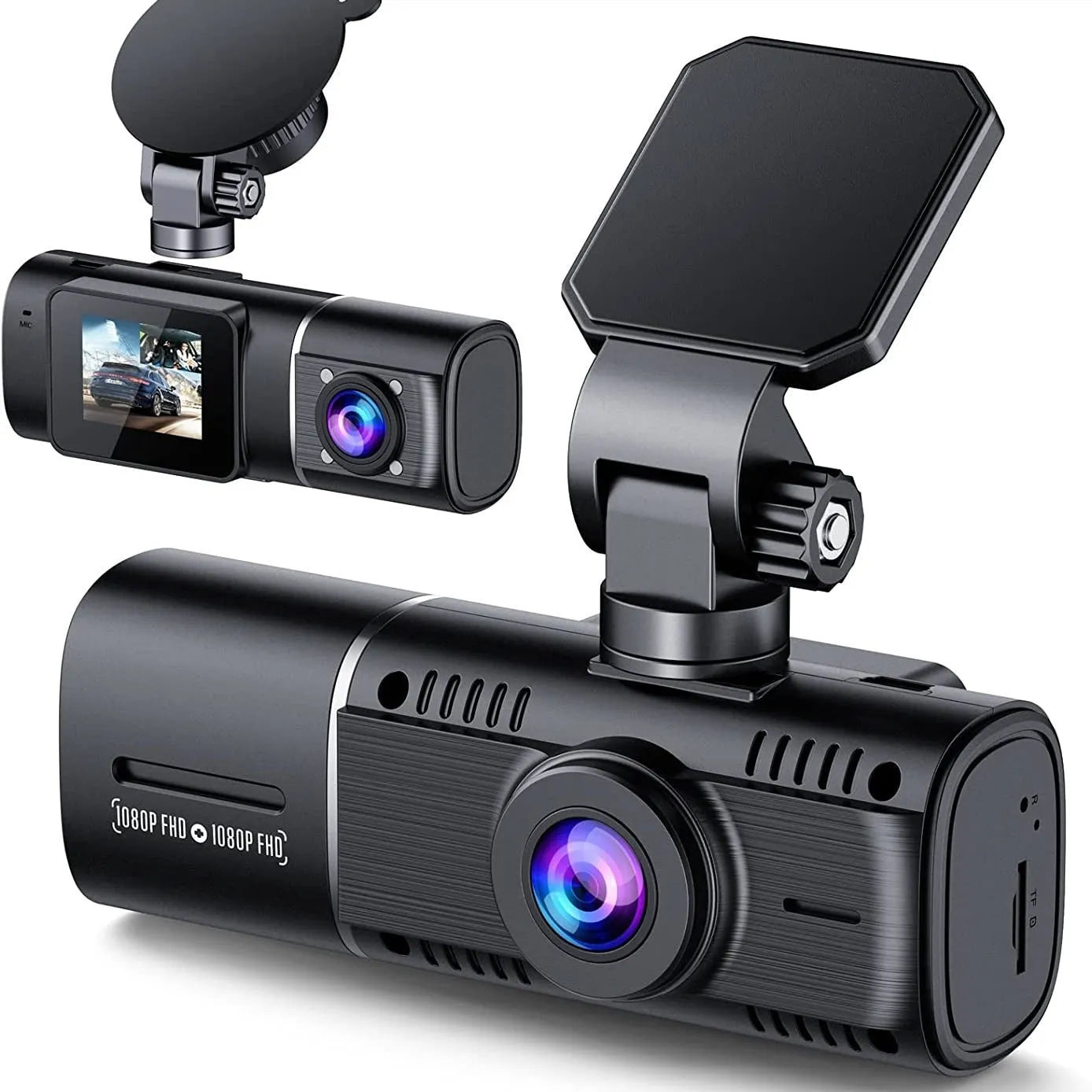 Black dual-channel car dash camera with 1.5-inch screen for front and rear recording.