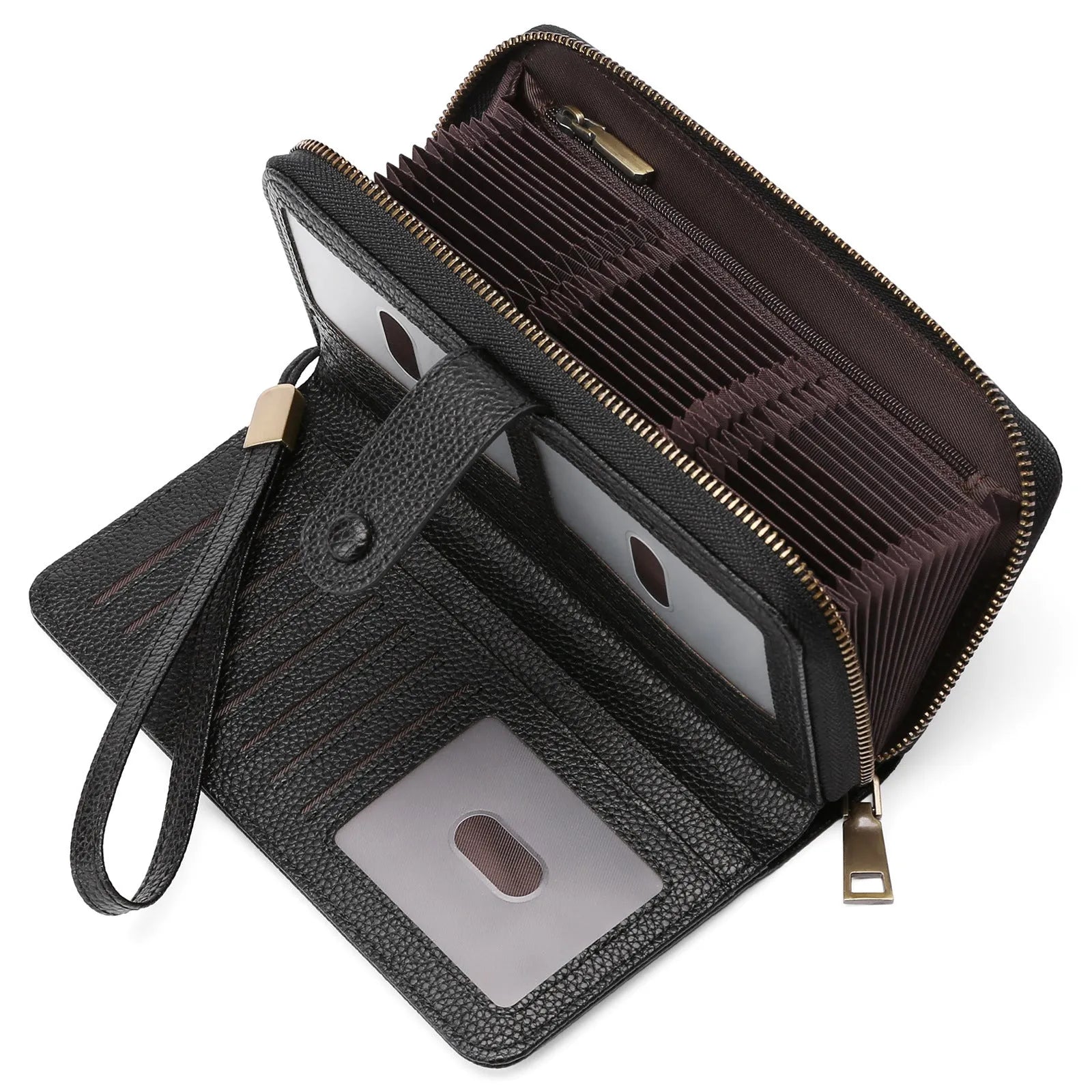 Women's long expanding card holder wallet in synthetic leather with anti-theft swiping feature