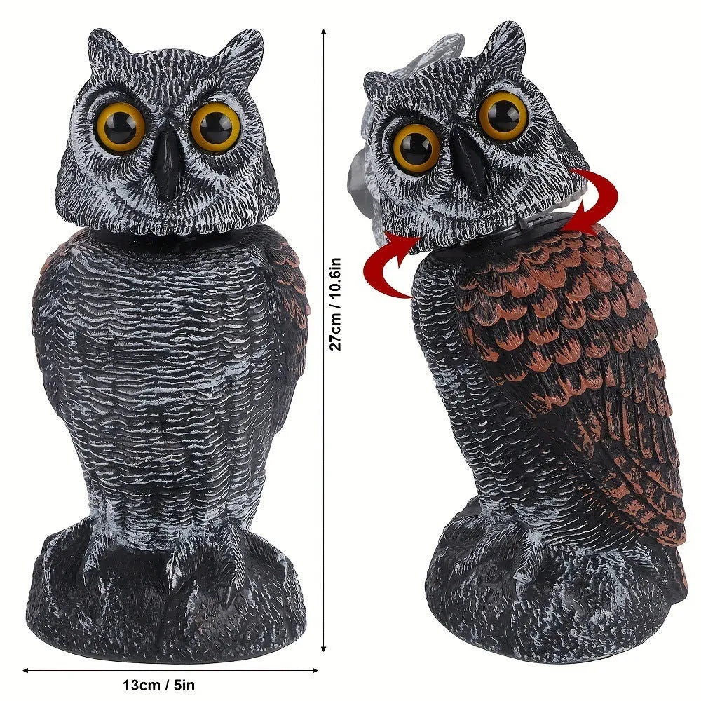 Artificial owl bird scarer decoy with movable head, made from black PE plastic for outdoor use.