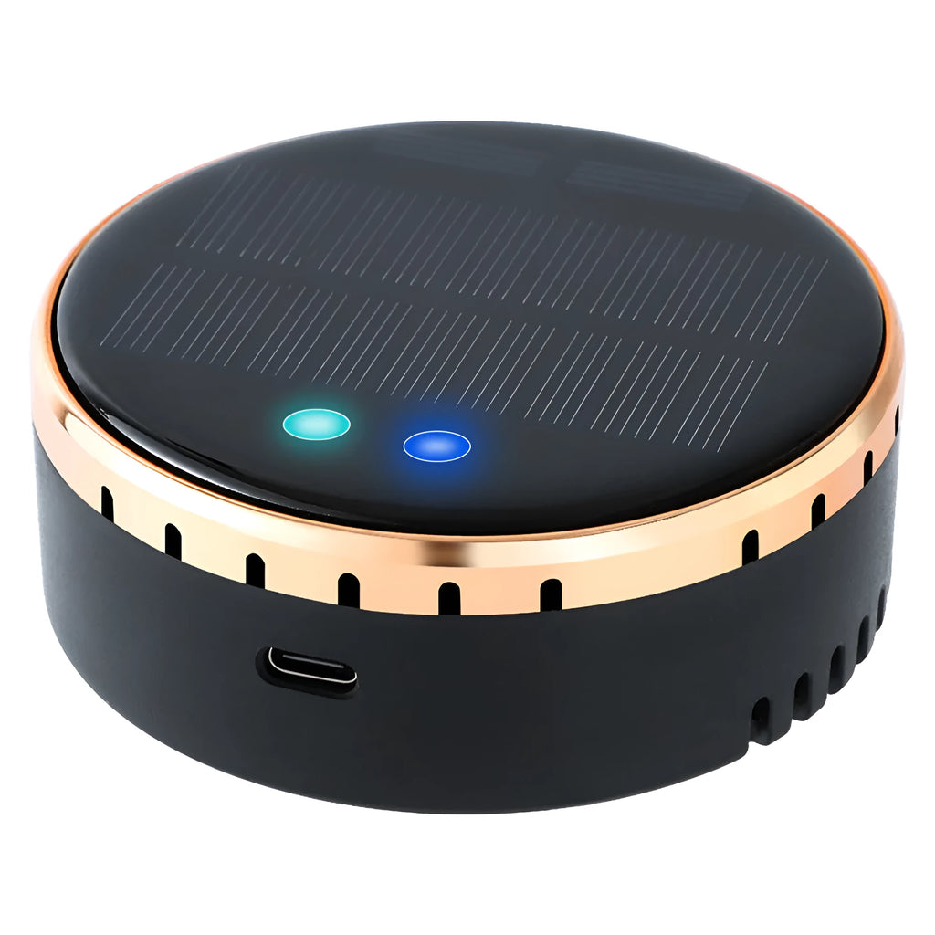 Black solar-powered car air humidifier mounted on a vehicle air conditioning vent.
